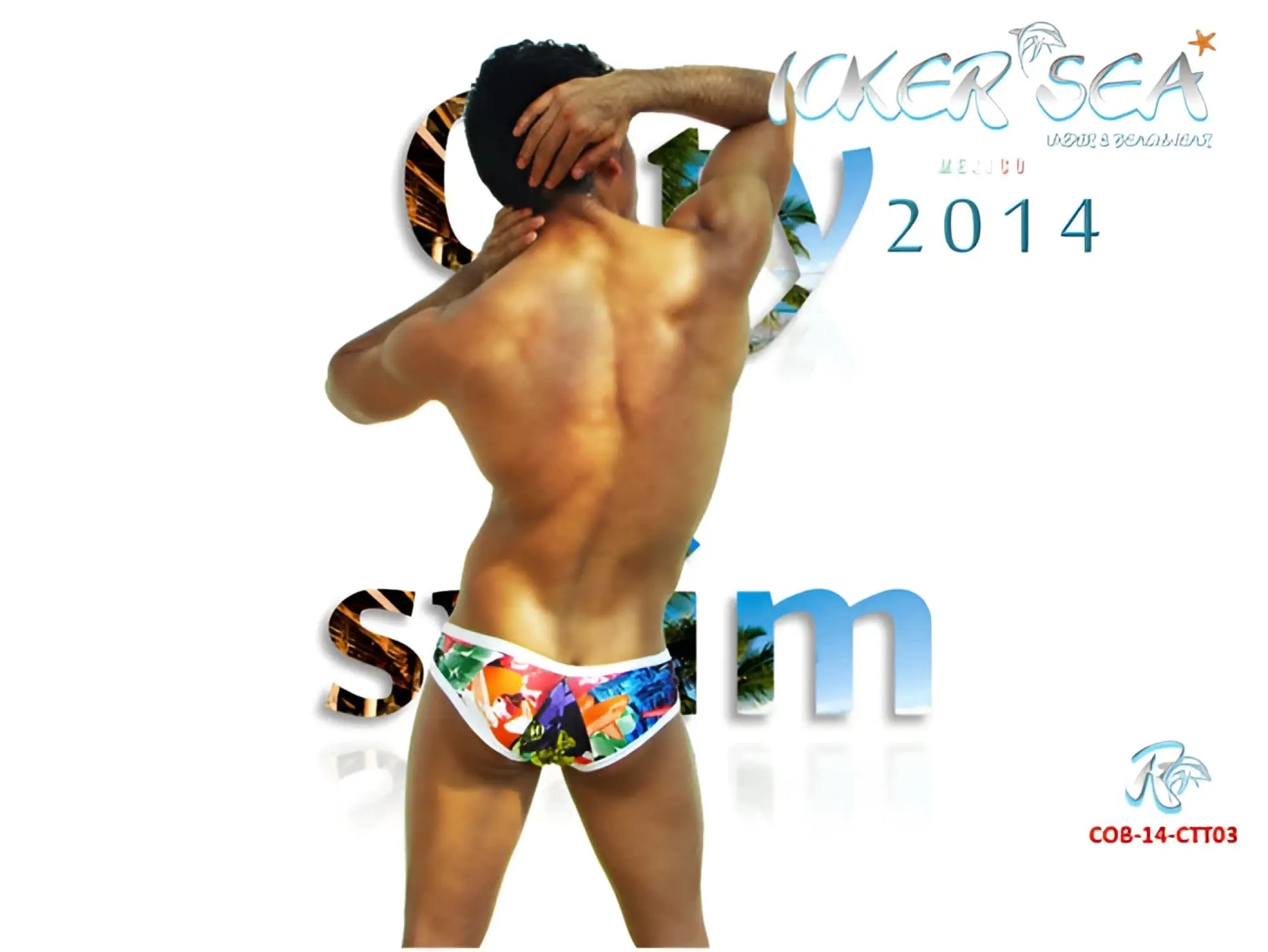 Icolorful tropical print swim trunks with white trim from icker sea city mini bikini swimwear collection
