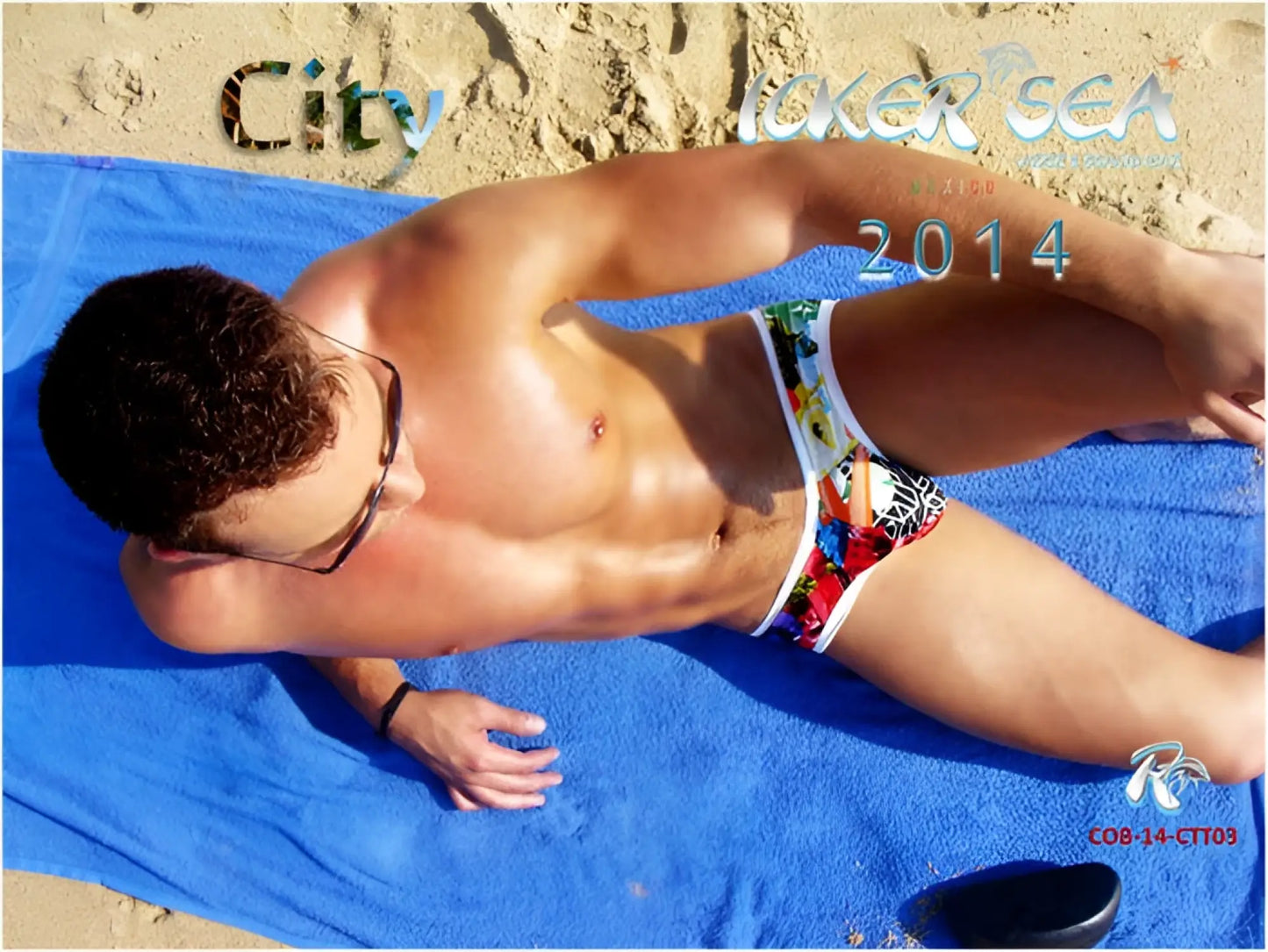 Men’s colorful patterned Icker Sea City mini bikini swimwear trunks with white trim for beach and pool use