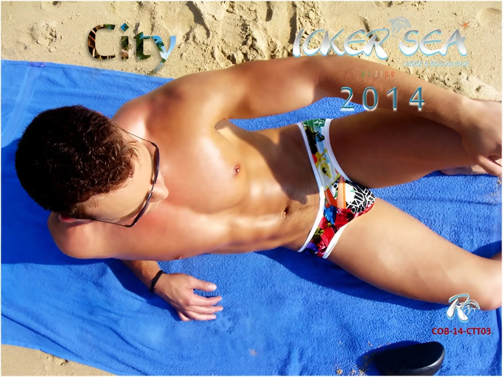 Men’s colorful patterned Icker Sea City mini bikini swimwear trunks with white trim for beach and pool use