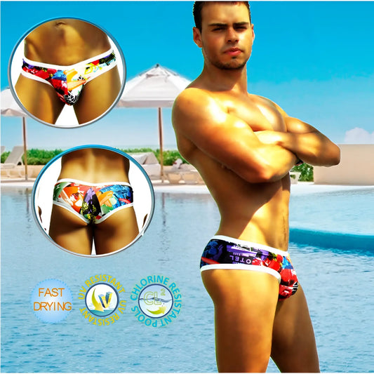 Vibrant tropical patterned men’s swim trunks with white elastic waistband from icker sea city mini bikini swimwear