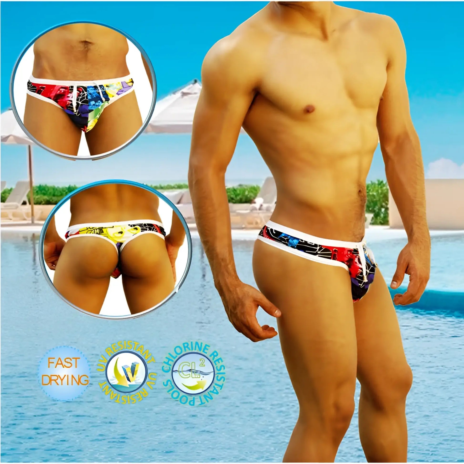 Icker Sea City Tanga Thong swimwear in vibrant multicolored fabric with bold graphic design and white trim