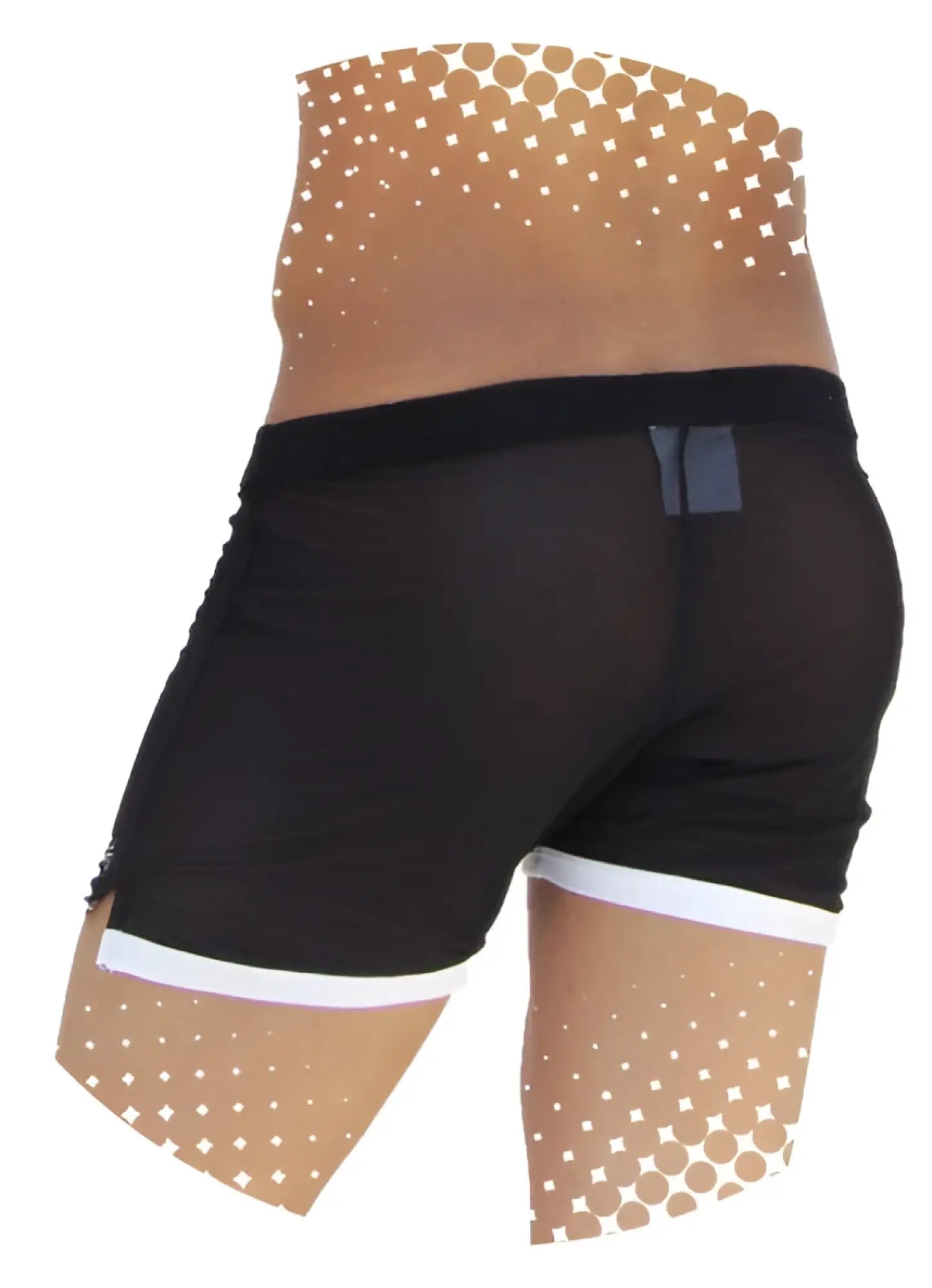 Icker Sea clarity mesh side slit shorts black with white trim and dotted pattern on legs in breathable fabric