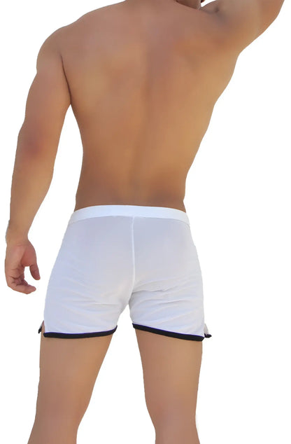 Icker sea clarity mesh side slit contrast trim white athletic shorts with navy blue trim on hem and waistband