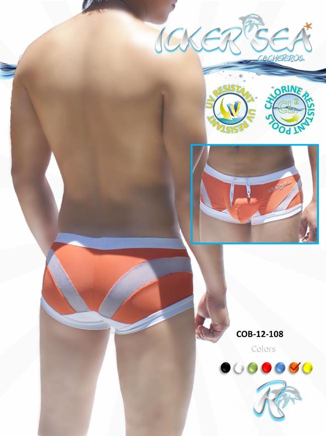 Icker Sea Transparent Curve Square Cut Trunk Swimwear Orange/White COB-12-108