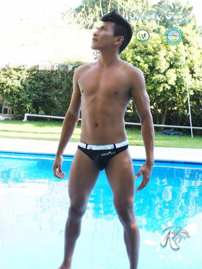 Icker Sea Sailor Tanga-Badeanzug mit Gürtel und Logo, Schwarz, COB-13-07