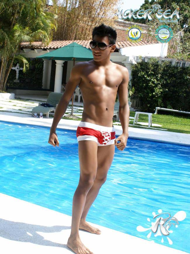 Icker Sea Legs Shoe Lace Pouch Square Cut Trunk Swimwear Red COB-13-45