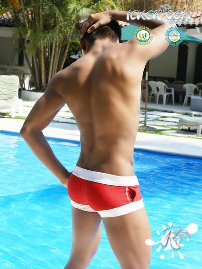 Icker Sea Legs Shoe Lace Pouch Square Cut Trunk Swimwear Red COB-13-45