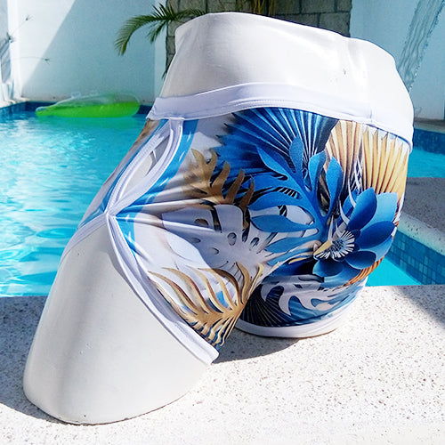 Icker Sea Griechische Shorts mit Blumenmuster, offener Seitenpartie und Muschelkanten, Bademode COB-19-01