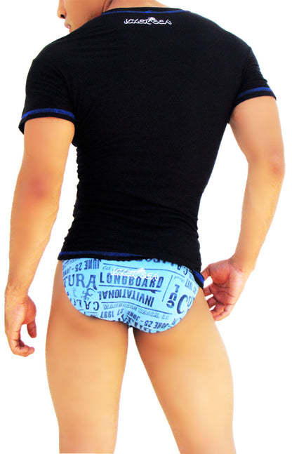 Icker Sea Contrast Stitching V Neck Short Sleeved T Shirt Black/Blue COI-S-14-BC-3