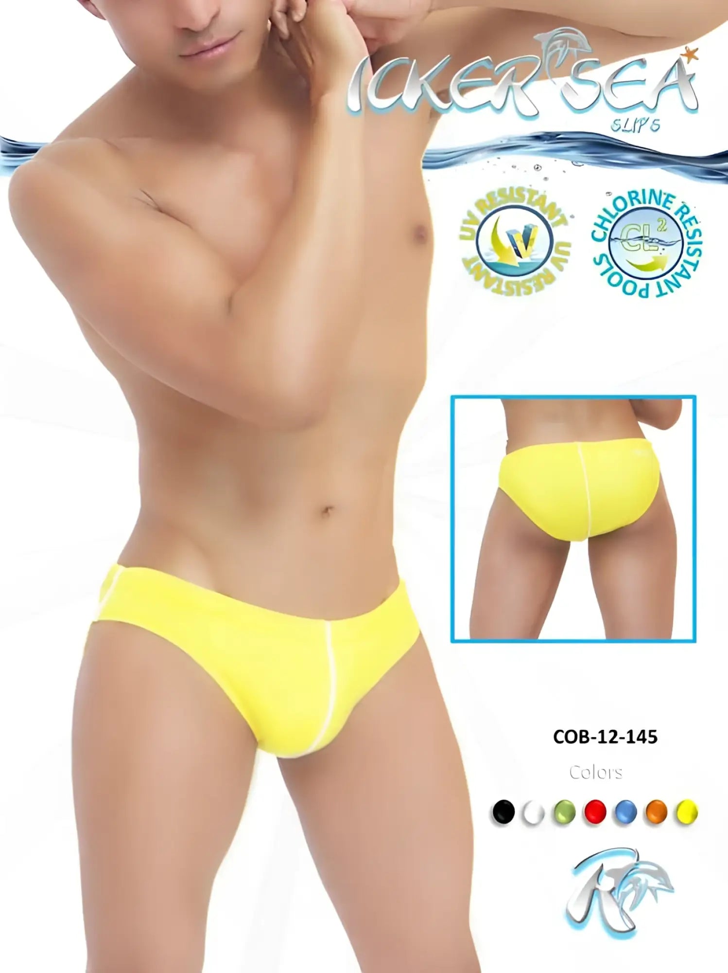 Bright yellow men’s swim trunks with white side trim from Icker Sea contrast line slip bikini swimwear mango cob-12-145