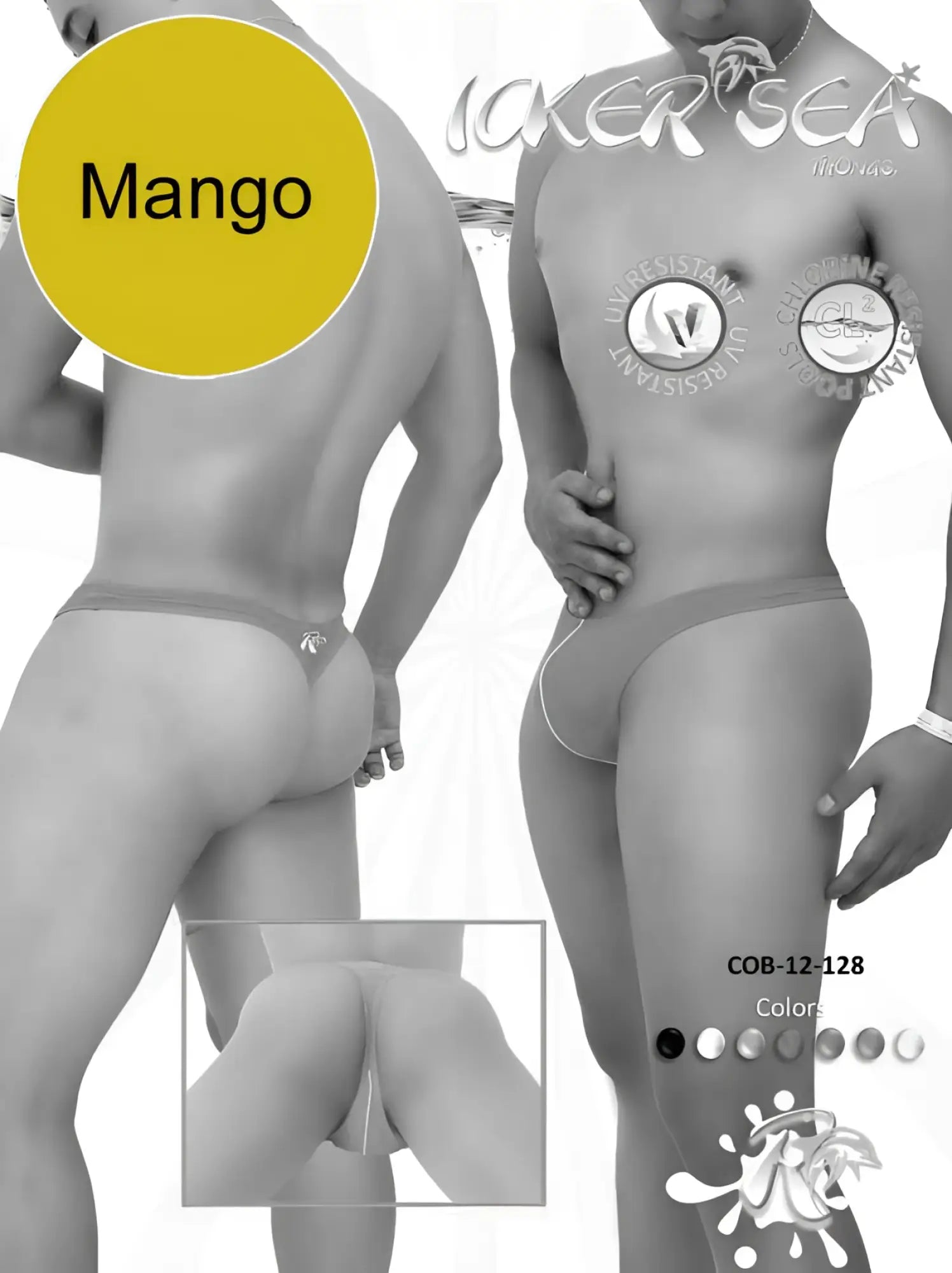 Icker Sea contrast line thong swimwear by Mango in sheer skin-toned material with a small metallic logo at center