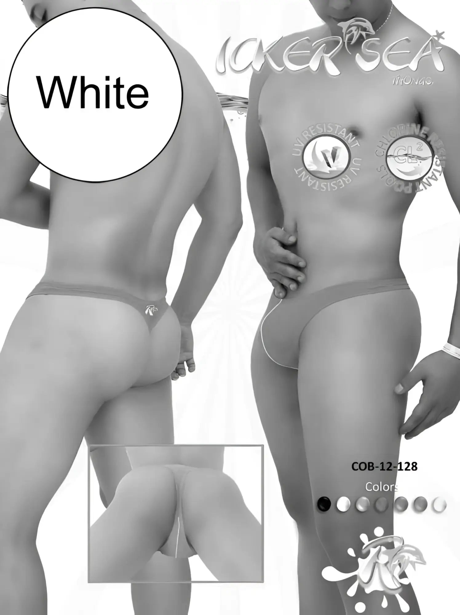 White men’s icker sea contrast line thong swimwear with subtle logo on waistband in white color