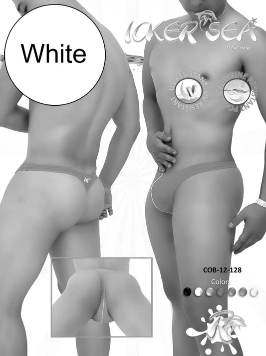 White men’s icker sea contrast line thong swimwear with subtle logo on waistband in white color