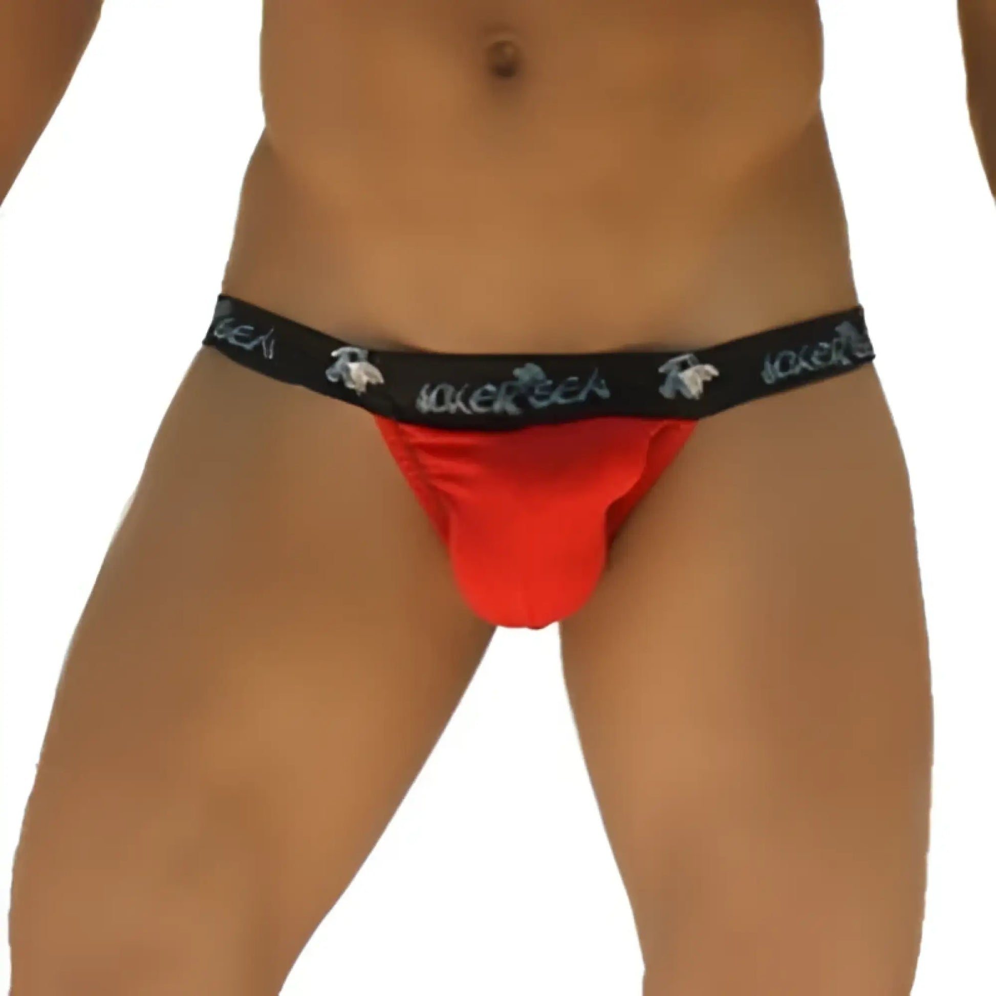 Red form-fitting thong bikini underwear with black elastic waistband featuring white javelin branding and skull logos