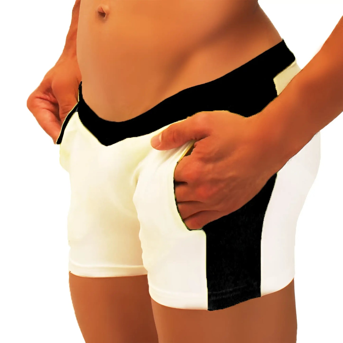 Black and white icker sea contrast side panel jock shorts with contrasting waistband for athletic use