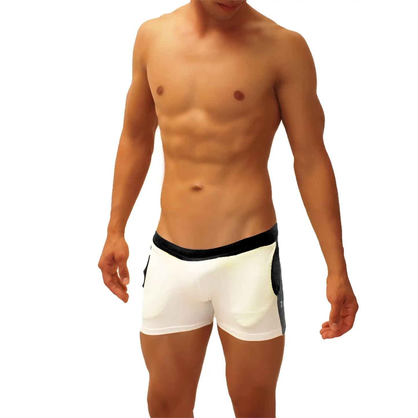 White athletic jock shorts with black elastic waistband and contrast side panels from icker sea shr 19 01