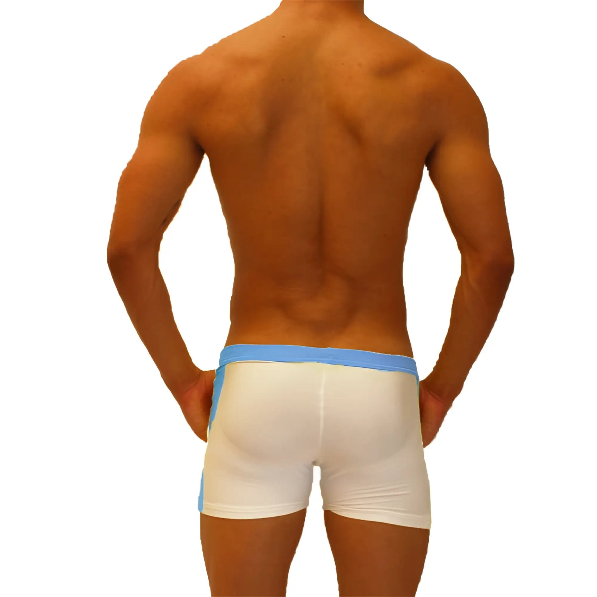 White boxer briefs with light blue elastic waistband and side panels from icker sea contrast side panel jock shorts blue shr 19 01