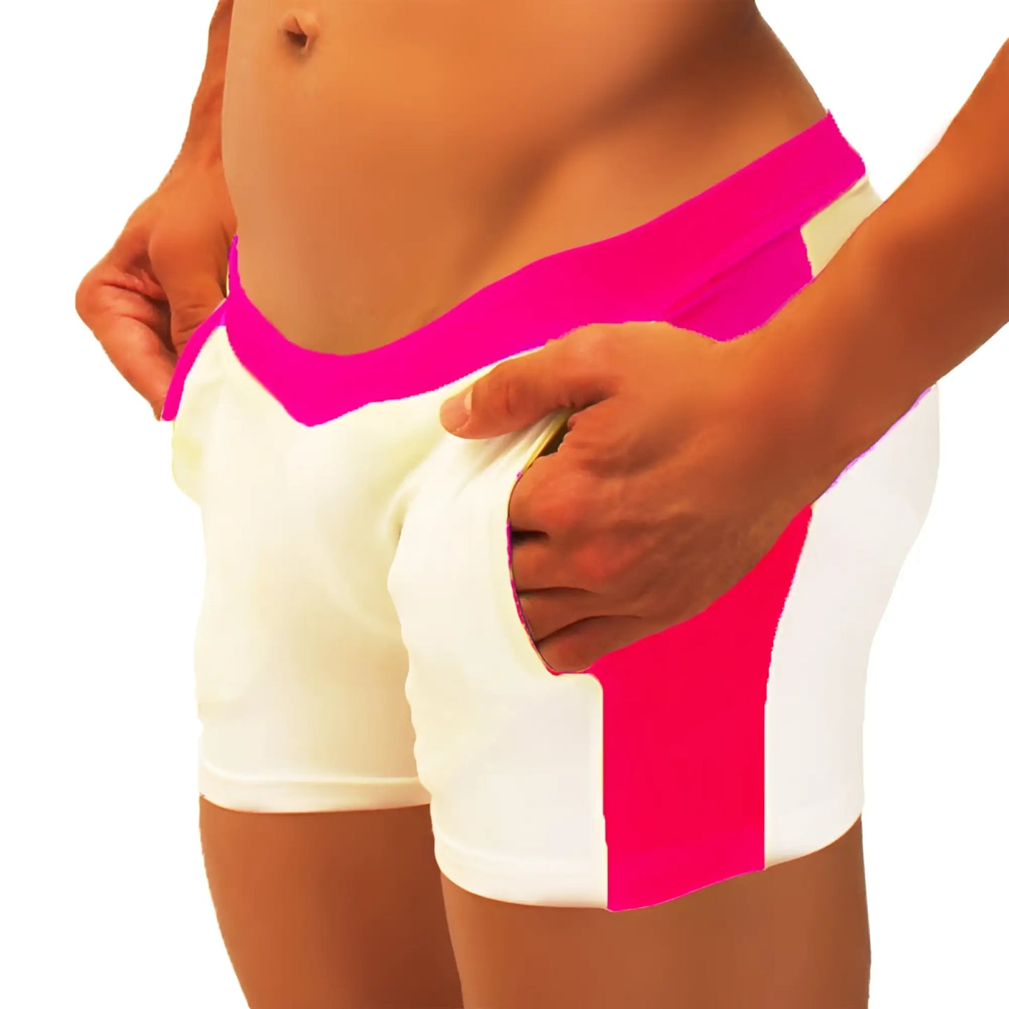 Icker Sea contrast side panel jock shorts in bright pink and white with a bold color-block design for athletic wear