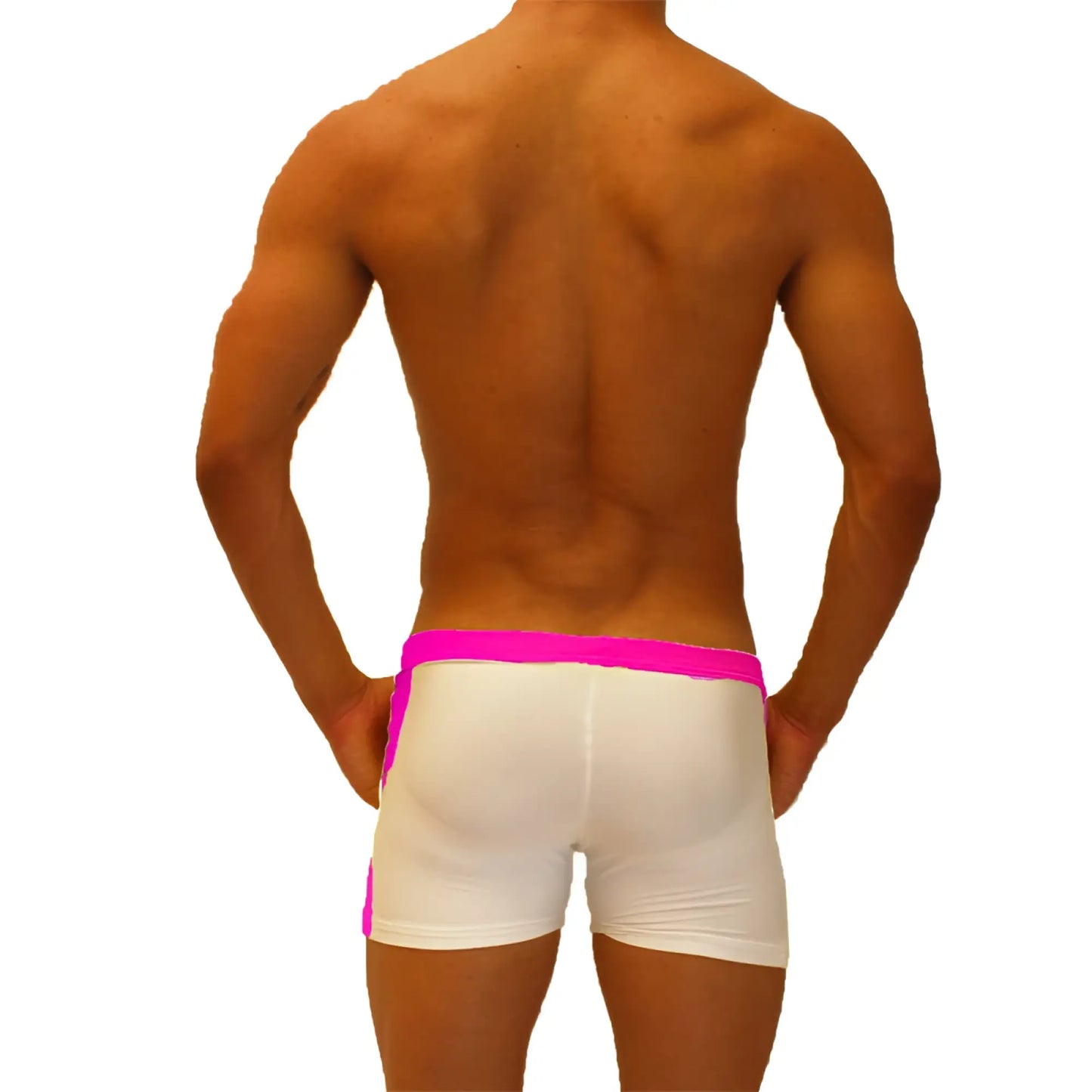 White athletic jock shorts with vibrant fuchsia waistband and side panels from icker sea contrast series SHR-19-01