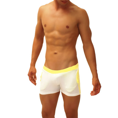 Icker sea contrast side panel jock shorts mango shr-19-01 white athletic briefs with bright yellow waistband and side panels