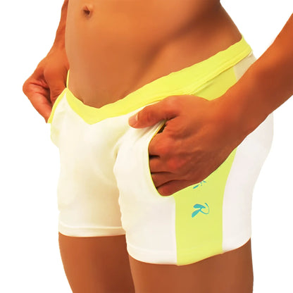 Icker sea contrast side panel jock shorts in white and neon yellow with a side pocket and subtle teal logo