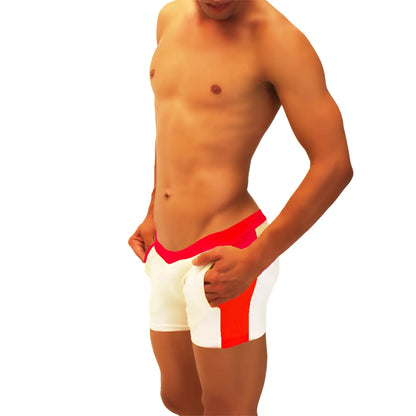 White and red athletic jock shorts with bold contrast side panels designed for sporty performance by icker sea