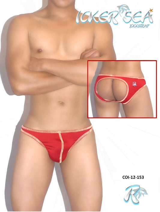 Red icker sea rockstrap jock briefs with gold trim and distinctive cutout design in red for underwear use