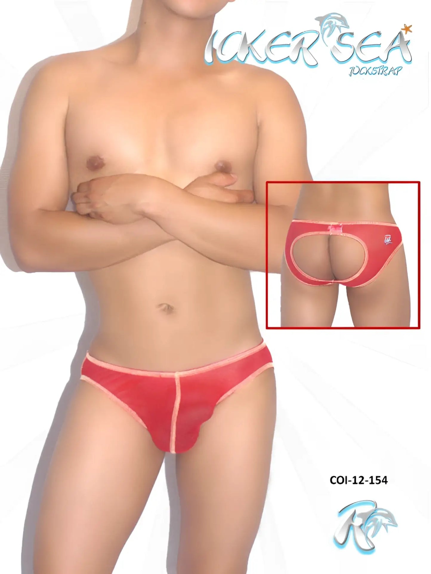 Red icker sea mesh jock brief underwear with contrast pink stitching and distinctive cutout design