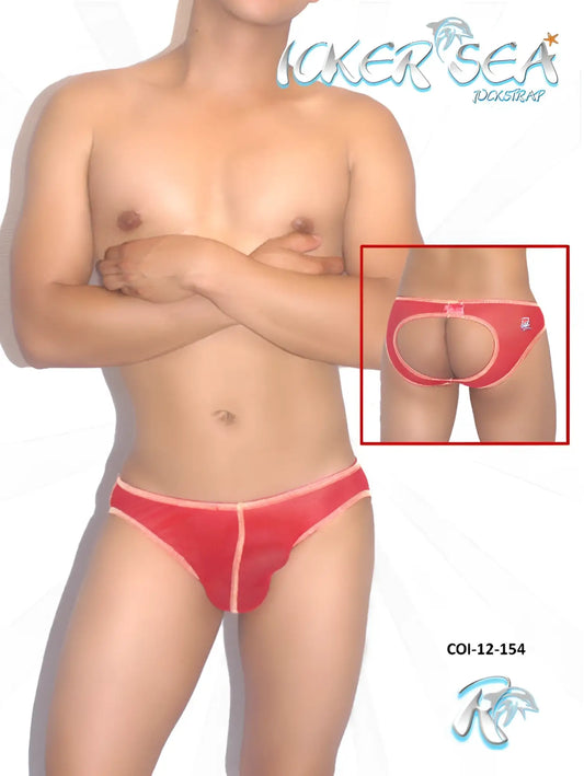 Red icker sea mesh jock brief underwear with contrast pink stitching and distinctive cutout design