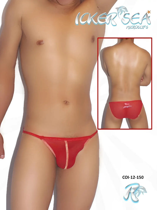 Icker Sea contrast stitching red mesh micro briefs with subtle white trim along the side seam