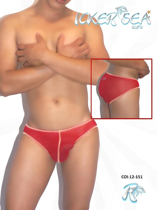 Icker Sea red sheer mesh bikini briefs with pink trim and small side logo in contrast stitching design