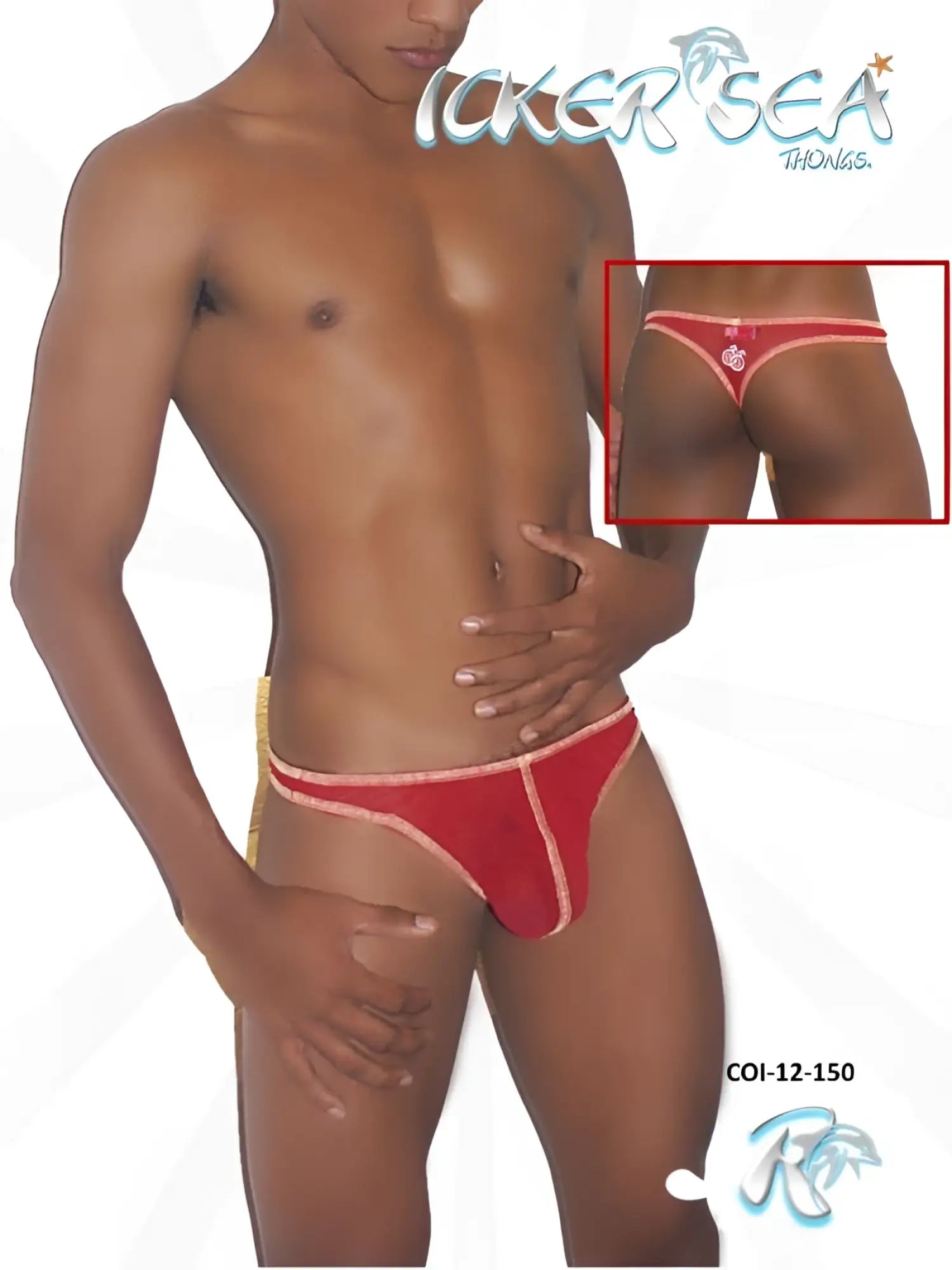 Back side of red icker sea contrast stitching mesh thong underwear with pink trim and heart-shaped embellishment