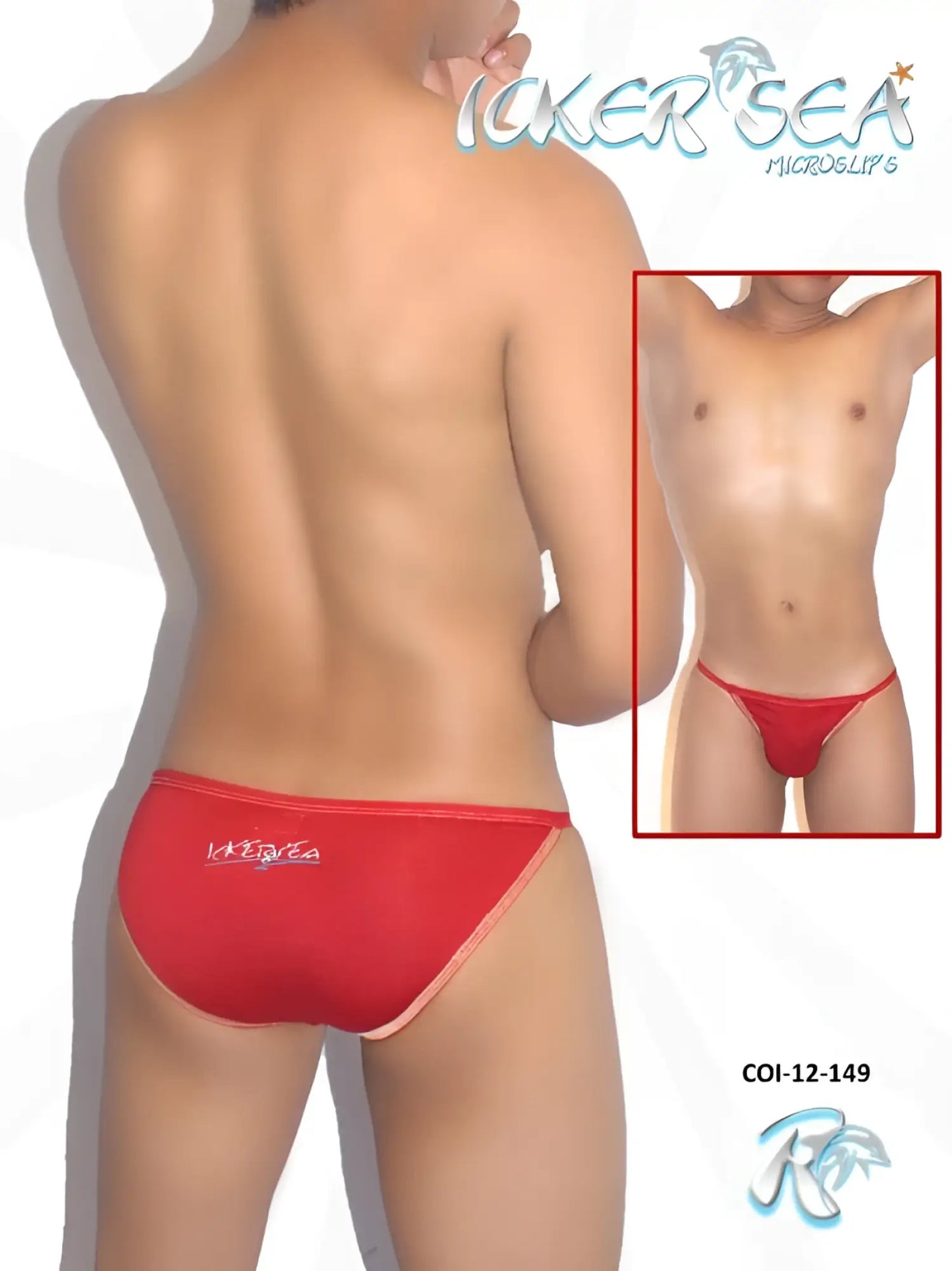 Back side of red laker sea micro slip swim trunks with subtle white logo in icker sea contrast stitching bikini underwear