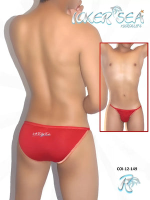Back side of red laker sea micro slip swim trunks with subtle white logo in icker sea contrast stitching bikini underwear