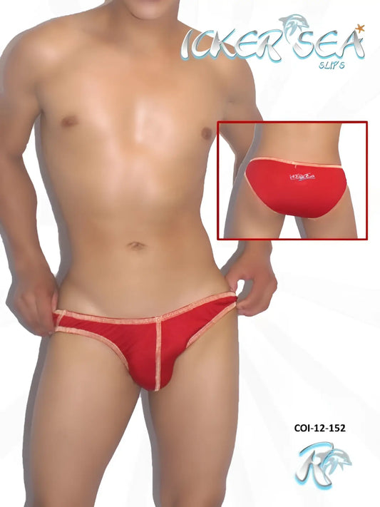 Red icker sea contrast stitching slip bikini underwear in red with peach trim featuring a swim brief design