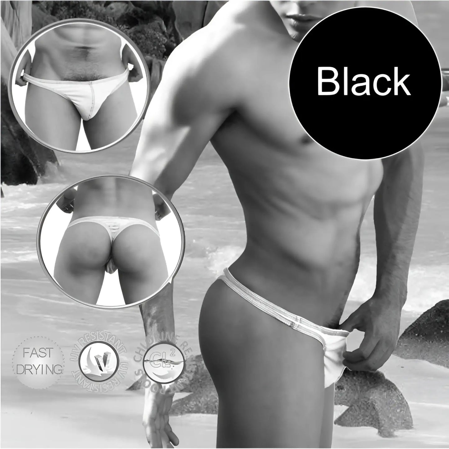 Black icker sea tanga thong swimwear with textured waistband and contrast stitching for swim and beachwear