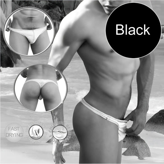 Black icker sea tanga thong swimwear with textured waistband and contrast stitching for swim and beachwear
