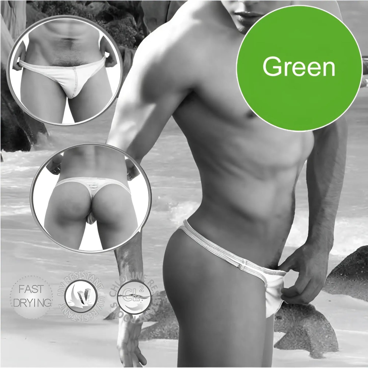 Green icker sea contrast stitching tanga thong swimwear with white trim and textured waistband, front view