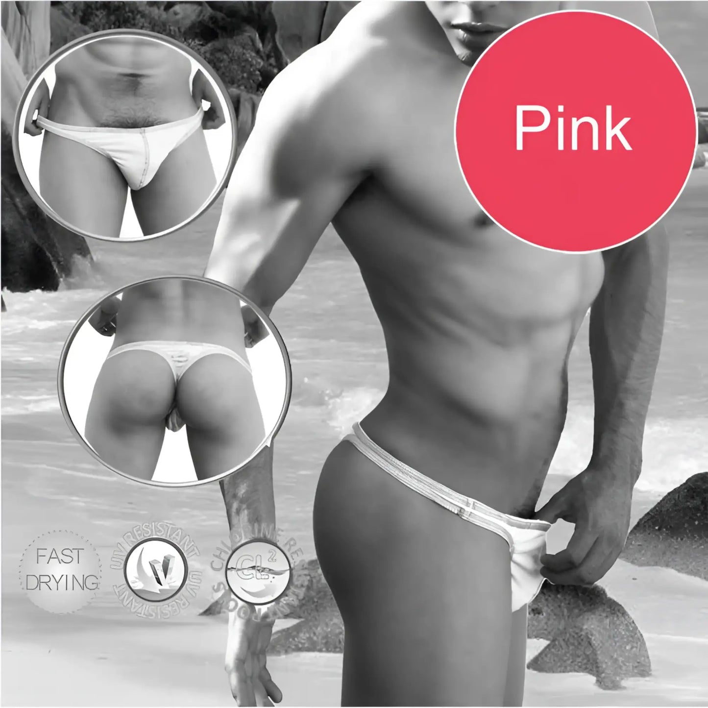 Pink men’s swim trunks with white textured waistband featuring contrast stitching for swimwear use