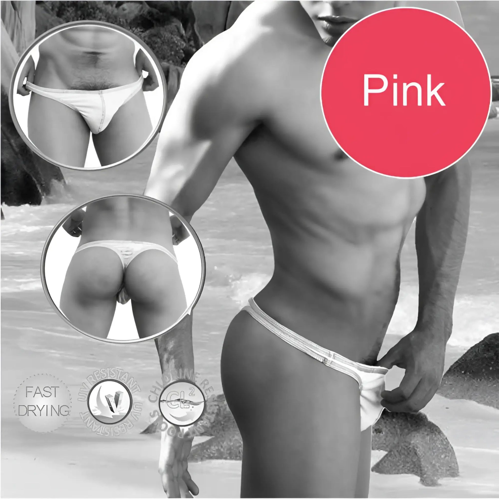 Pink men’s swim trunks with white textured waistband featuring contrast stitching for swimwear use