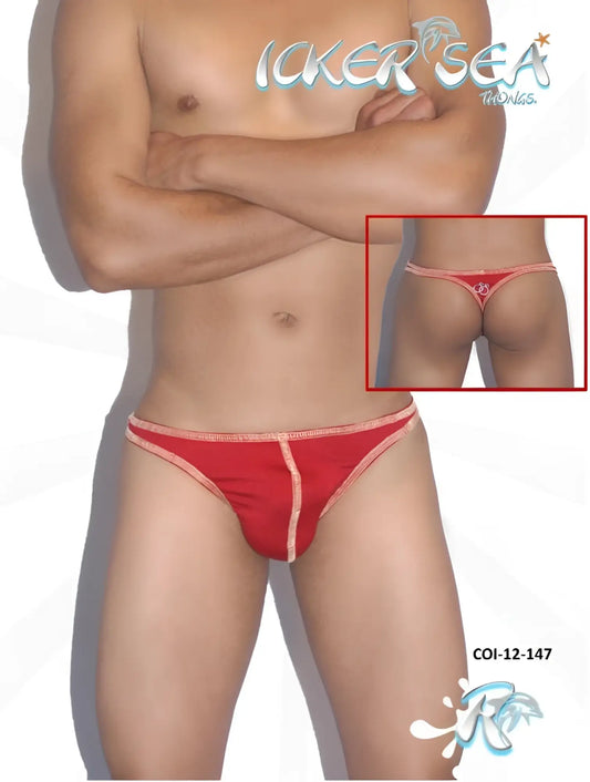 Back side of icker sea contrast stitching thong underwear in red with pink trim and small circular design