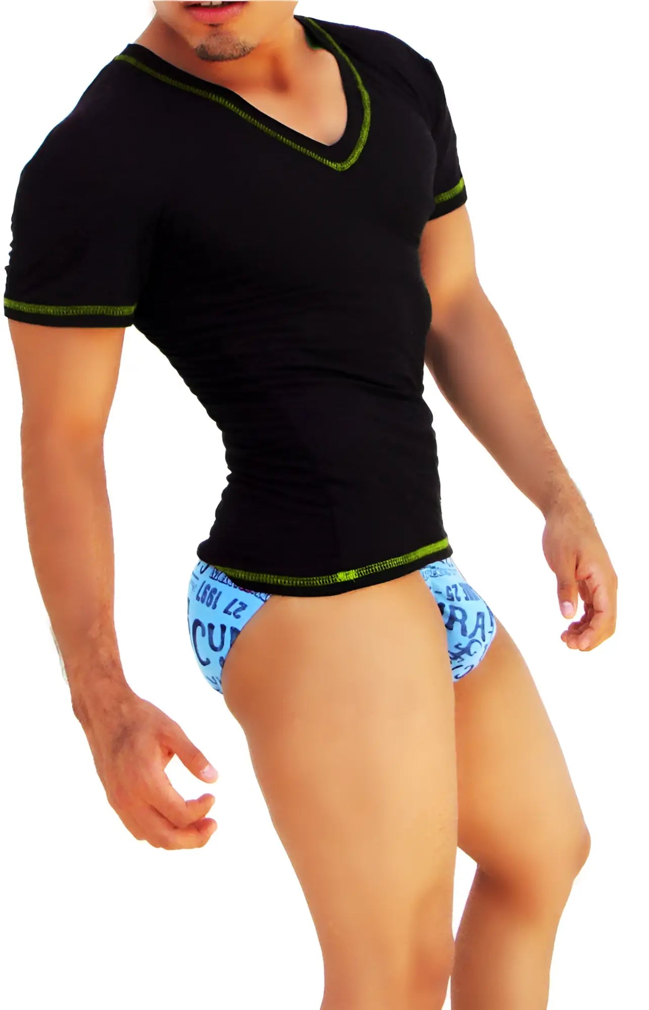 Icker Sea black v neck short sleeved t shirt with neon green contrast stitching and trim for casual wear