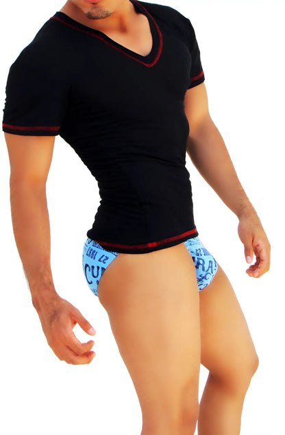 Icker Sea black v neck short sleeved t shirt with red contrast stitching for casual wear