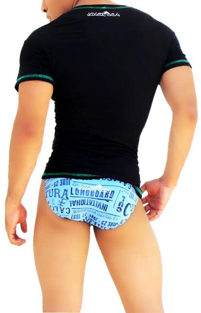 Black short sleeved v neck t shirt with turquoise contrast stitching and saketree logo at the neckline