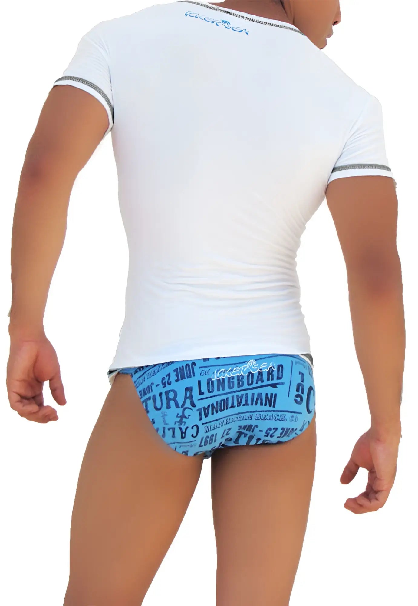 Back view of icker sea white short-sleeved v neck t shirt with gray trim and blue text graphics