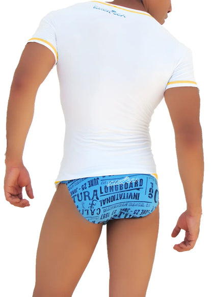 White icker sea contrast stitching v neck short sleeved t shirt with yellow trim and blue graphic print on back