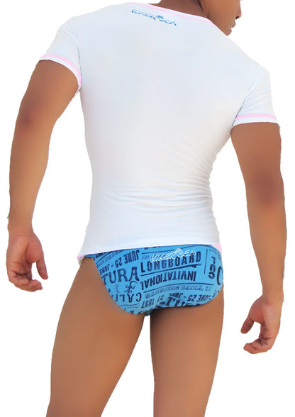 Back view of icker sea white short-sleeved rash guard with pink trim and blue graphic print polyester blend