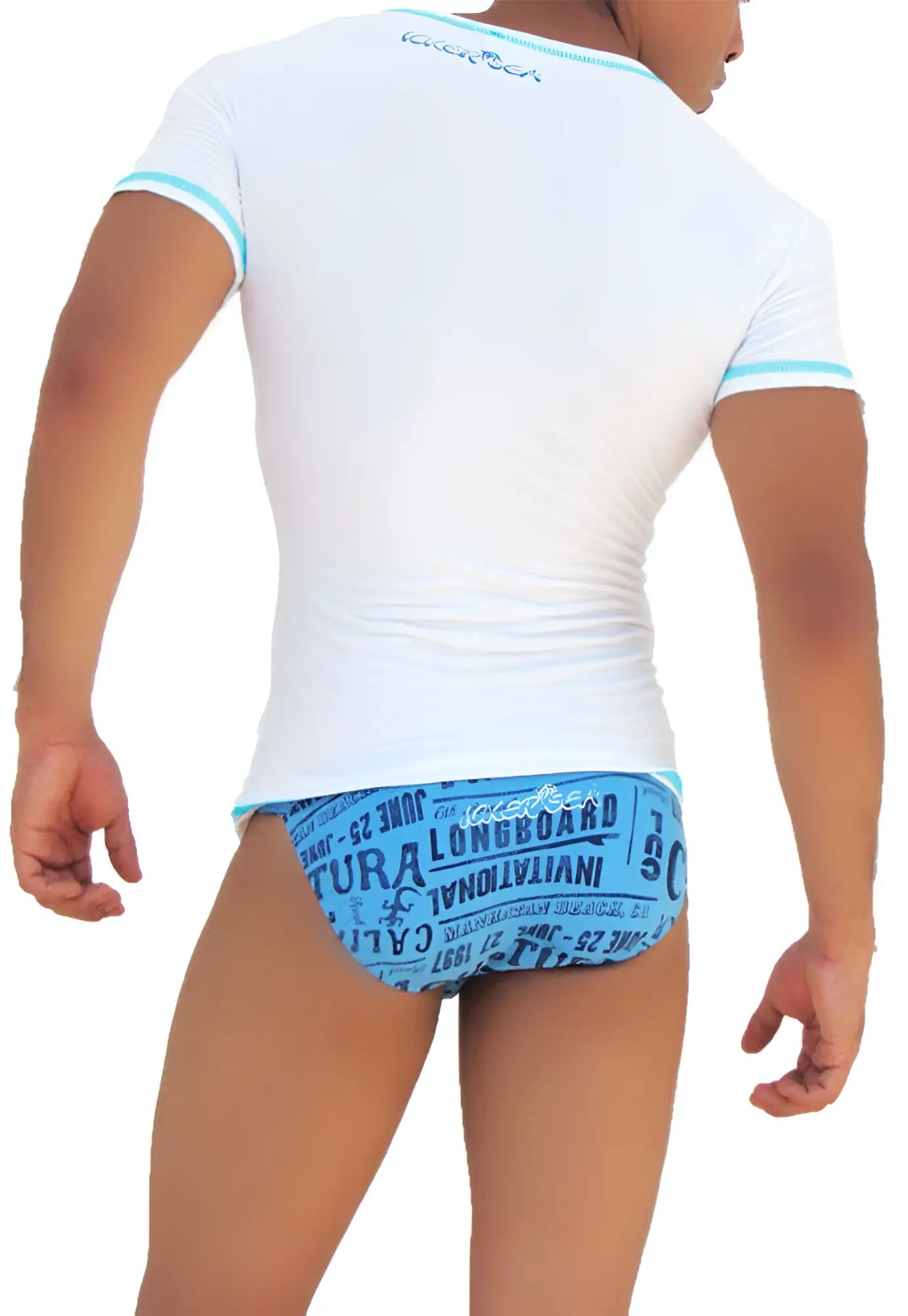 Back view of icker sea white short-sleeved rash guard with turquoise trim and graphic print on the back