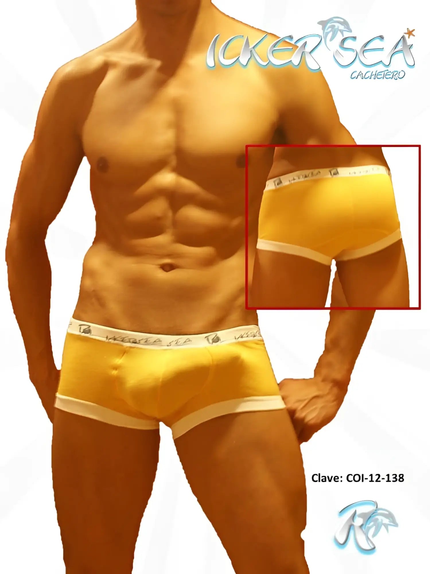 Yellow boxer briefs with white trim and branded waistband by Icker Sea in mango color for comfortable underwear use