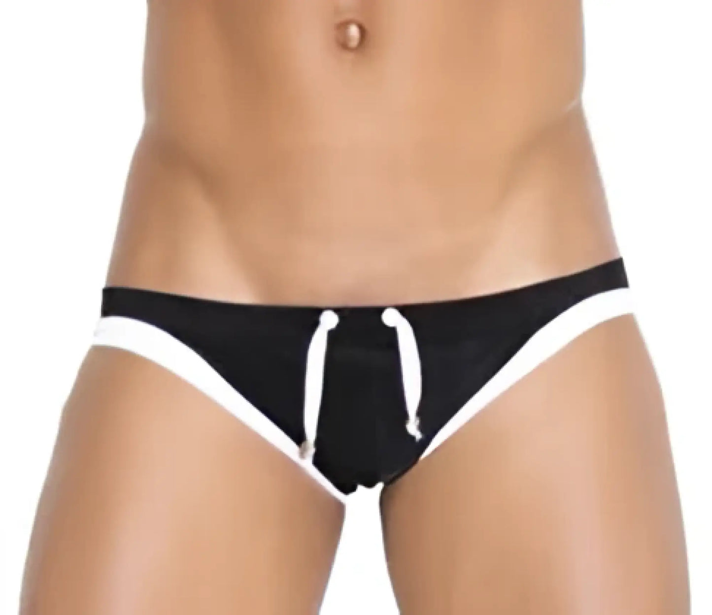 Black and white icker sea contrast trim micro slip bikini swimwear with drawstring waistband swim trunks